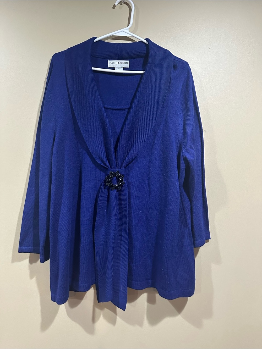 Sag Harbor Women's Cobalt Blue Shawl-Collar Cardigan with Decorative Brooch